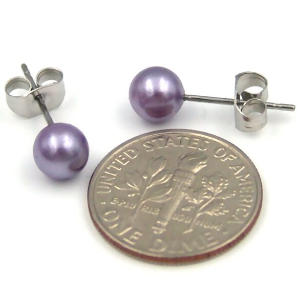 Lavender Pearl Stud Earrings Faux Stainless Surgical Steel Hypoallergenic 6mm - Picture 4 of 4